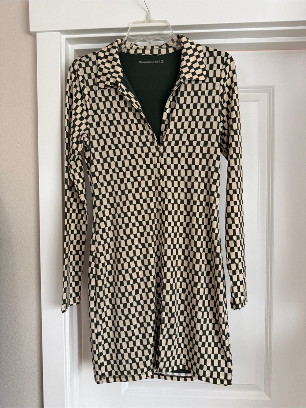 Abercrombie & Fitch Green and Cream Check Polo Long-Sleeve Dress